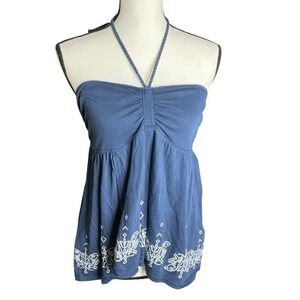 SO Blue Halter Top Women XL Embroidered Smocked Boho S283